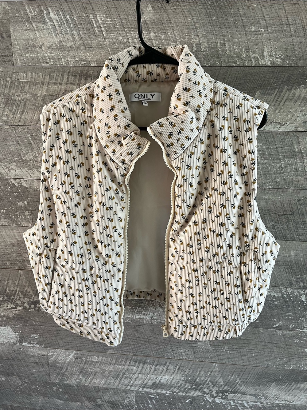 ONLY Cream Quilted Floral Puffer Vest with Black & Yellow Accents